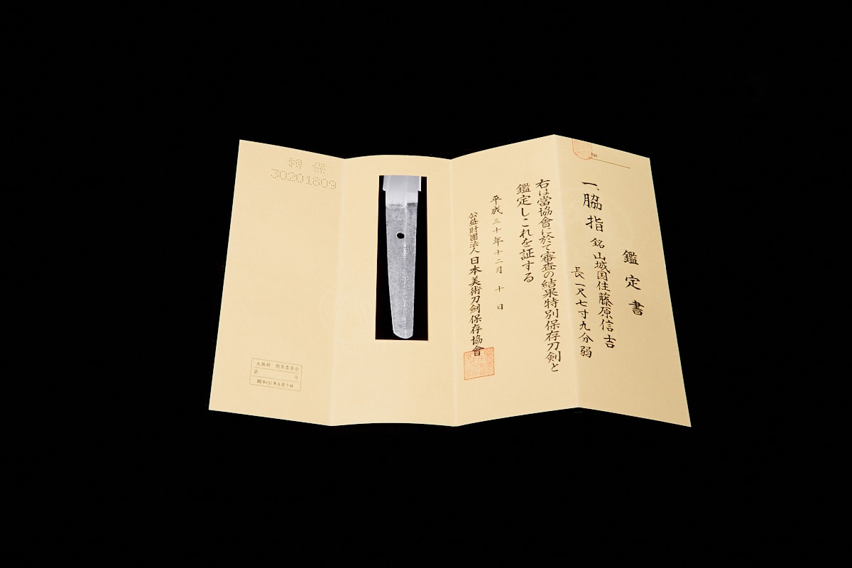 01-2066 山城国住藤原信吉 (白鞘) 脇差(日刀保・特別保存刀剣) - Photo 13