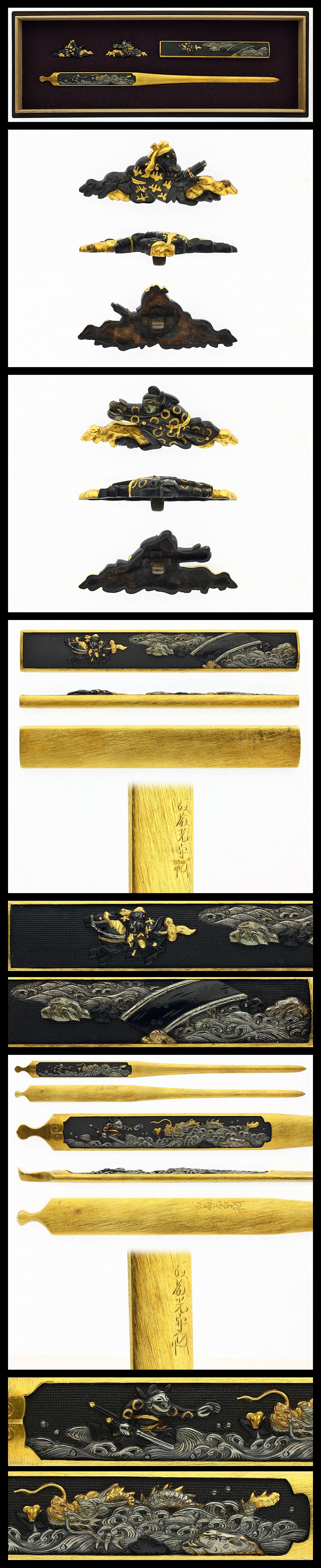 Mitokoromono Set (Kogai, Kozuka, Menuki): Kozuka and Kogai: Goto Mitsumori Menuki: Unsigned (attributed to Mitsumori) (Juyo Tosogu, 37th Designation)