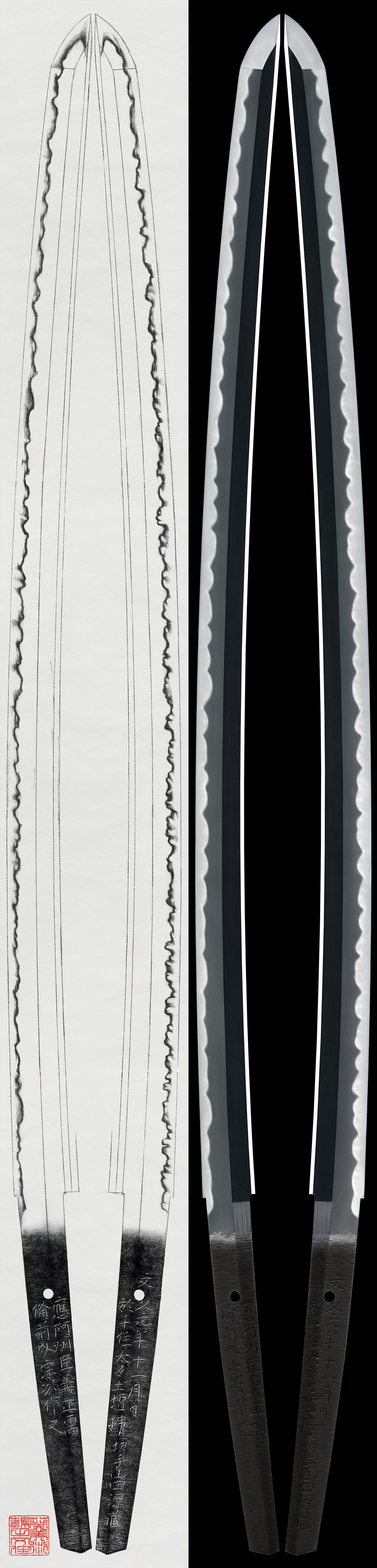 Katana:O Ashu Shin Yoshimasa Ju Bizen Suke Munetsugu Saku Kore Bunkyū 1 Nen 11 Gatsu Hi (November, 1861) At Senju, Daitai Dotanbarai Kirite Yamada Genzō(29th NBTHK Juyo Token)