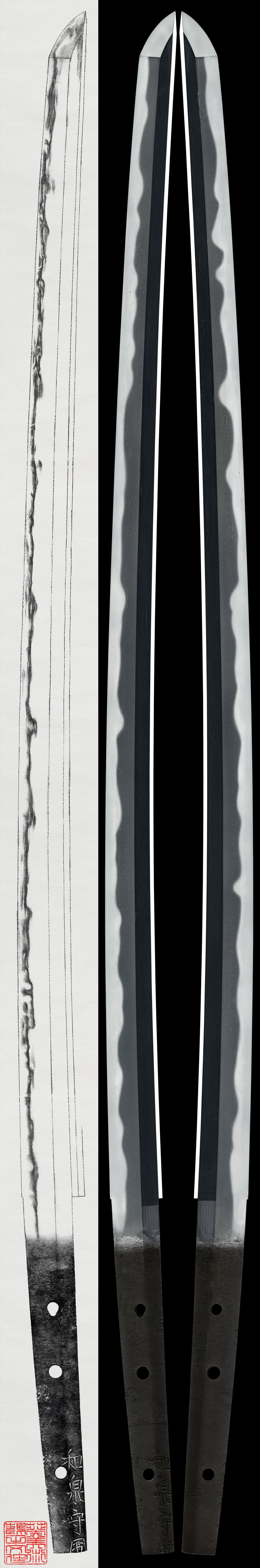 Katana:Izumi Kami Kuni 和泉守国 (cut below) (Kunisada – 2nd Generation, same as Inoue Shinkai 井上真改) (NBTHK Hozon Token) (NBTHK Tokubetsu Kicho Token)