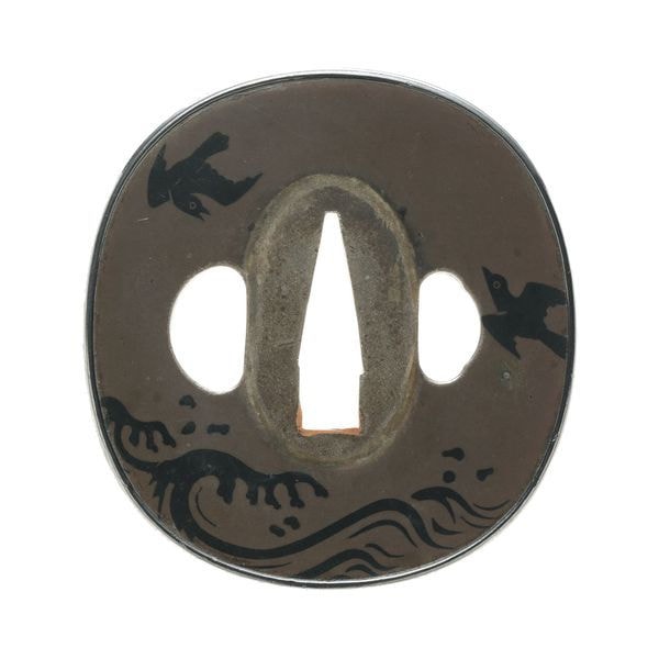 Tsuba - by Shonai School - Waves and Crows - Mumei Shonai, Koshirae Fittings