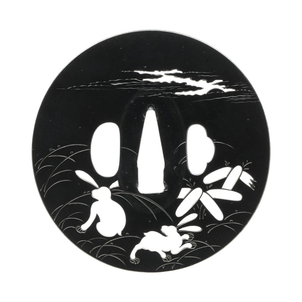 Tsuba - Hozon - by Shonai Arichika - Moon and Rabbit Sukashi Design, Mumei, Attributed to Arichika