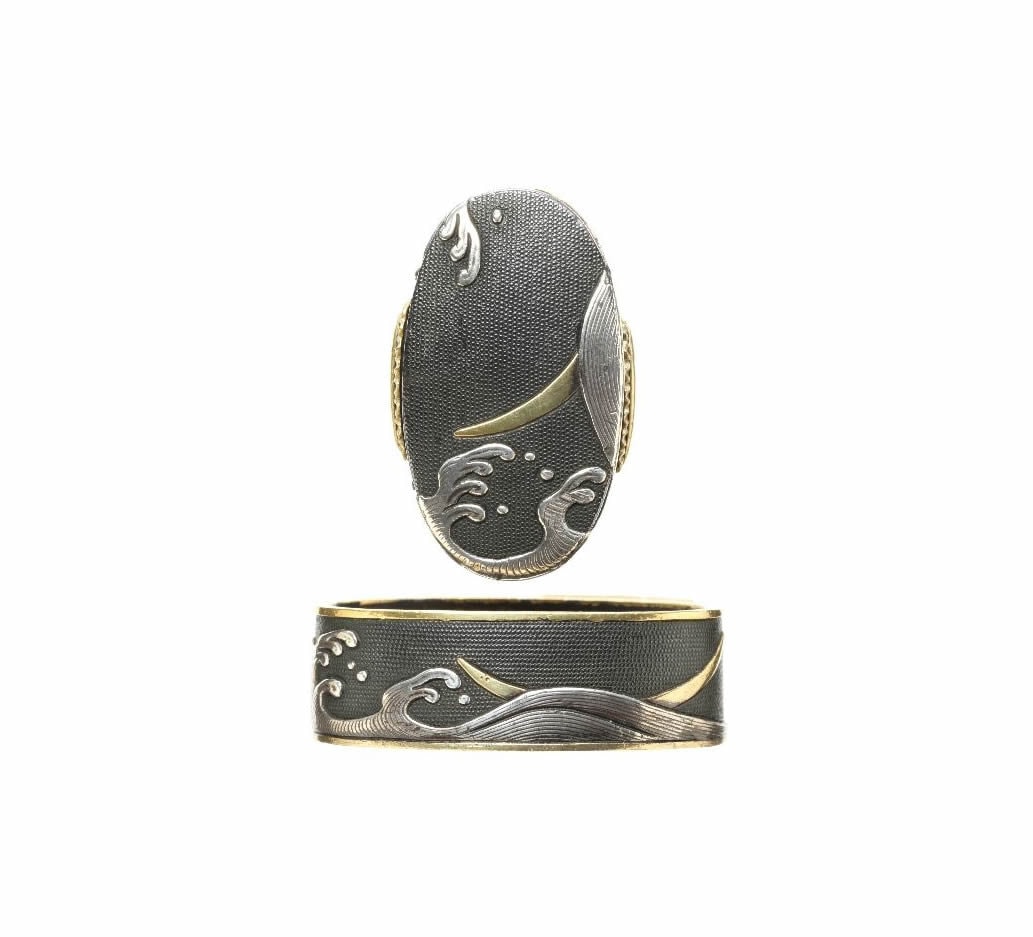 Fuchi-Kashira - Hozon - by Kaga-Goto Etsujo - Fuchi-Kashira: Water and Moon Design, Signed Goto Mitsukuni (Kao)