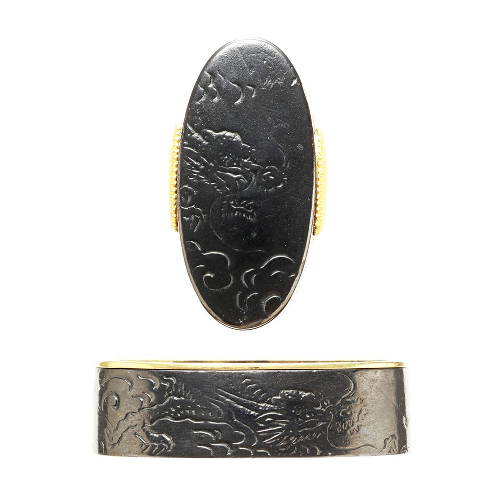 Fuchi-Kashira - Tokuho - by Shonai Arichika - Fuchi-Kashira: Cloud Dragon Design, Signed Arichika