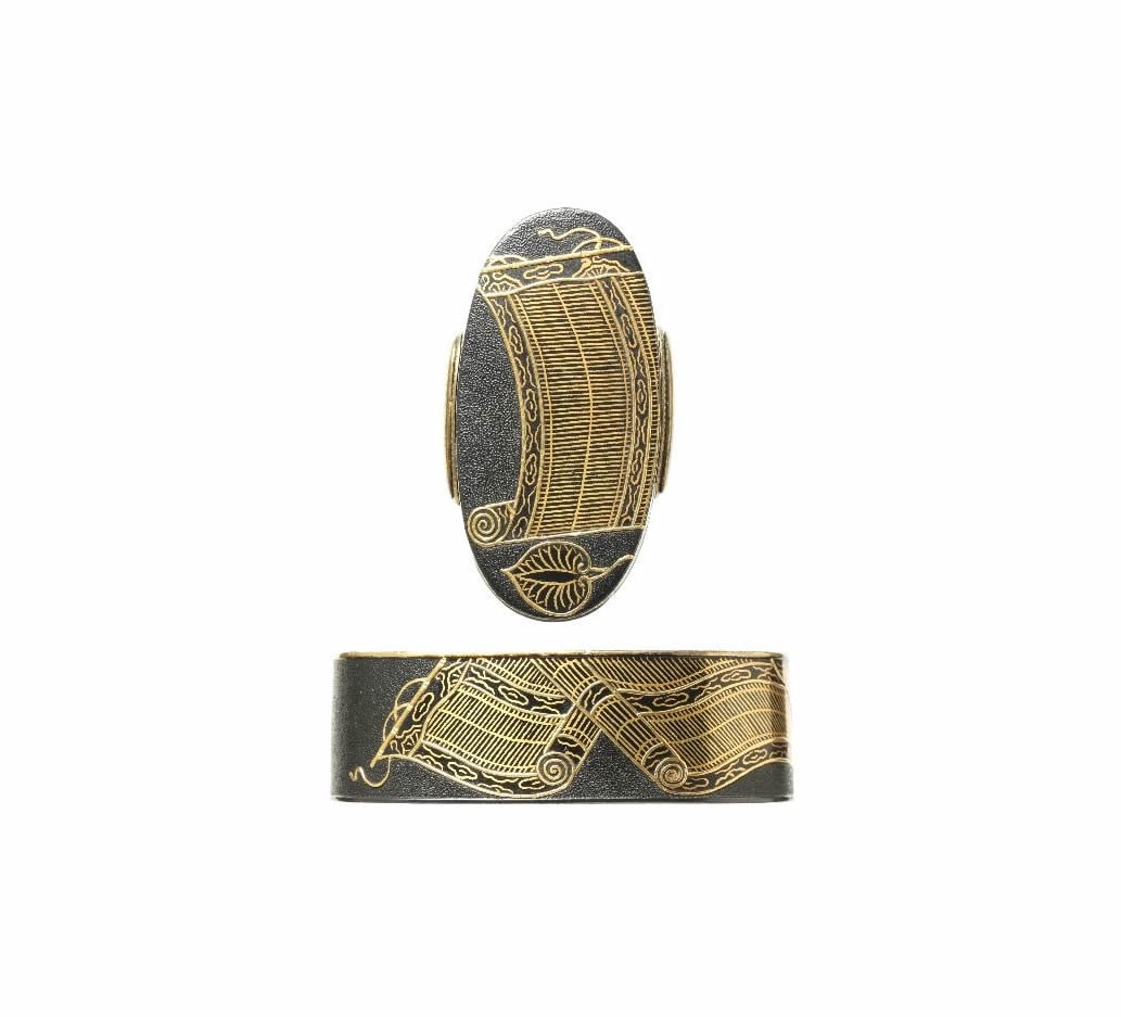 Fuchi-Kashira - Tokuho - by Kusakari School - Fuchi-Kashira: The Tale of Genji (Aoi no Ue) Theme, Signed Kiyosada