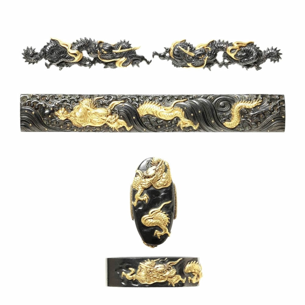 龍図揃金具 小柄 銘 一柳友善(花押) 縁頭 銘 一柳友善(花押)揃金具友善
