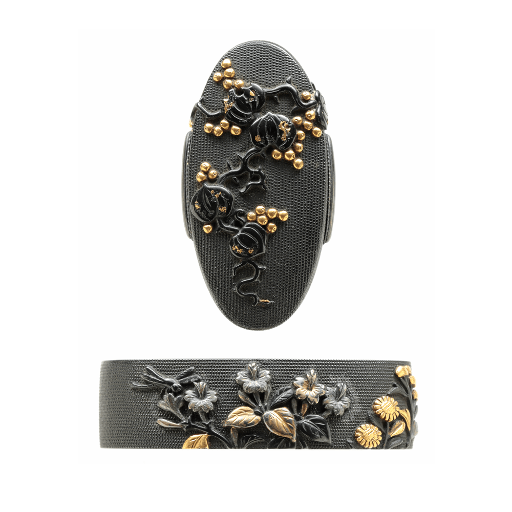 Fuchi-Kashira - Tokuho - by Goto School - Fuchi-Kashira: Autumn Insects and Kachi-mushi (Dragonfly) Design, Signed Goto Hokyo Tojo (with Kao)