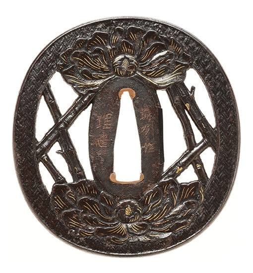 Tsuba - Tokuho - by Umetada School - Peony Openwork Design, Signed Joshu Umetada