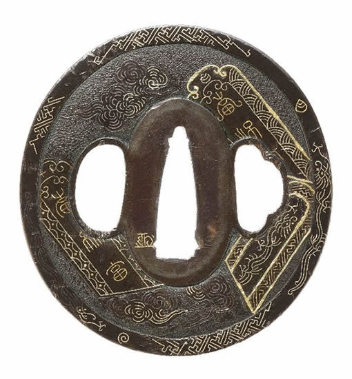Tsuba - Hozon - by Kusakari School - Zui-un Karasumi (cloud and Chinese ink design) with Kin-zogan Kao, Sendai