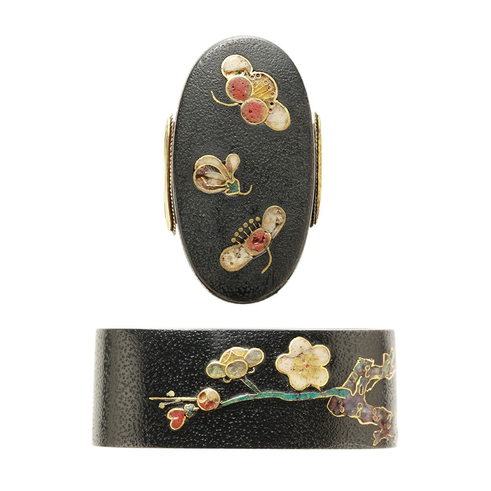 Fuchi-Kashira - Tokuho - by Hirata-Edo Narisuke - Fuchi-Kashira: Plum Blossom Cloisonné Design, Signed Hirata Nariaki