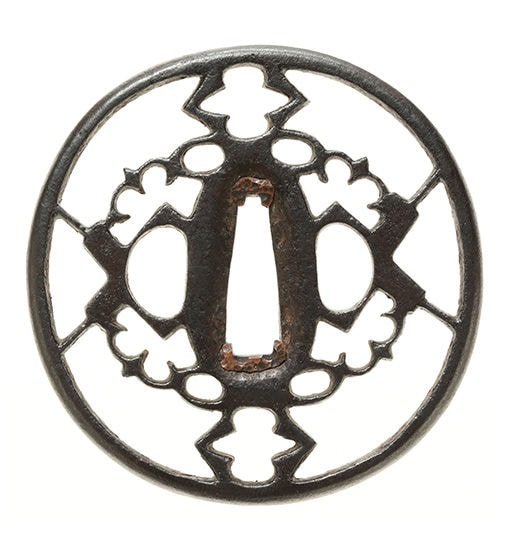 Tsuba - Tokuho - by Akasaka Tadamasa - Shiho Karigane Kumimon Sukashi Tsuba, Mumei, Akasaka Tadamasa (2nd Generation)