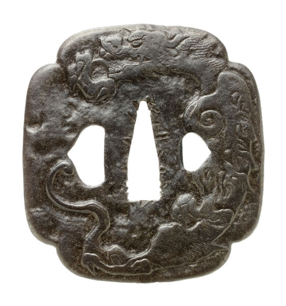 Tsuba - Hozon - by Shimizu Jingo - Dragon and Sankosho Design - Unsigned Jingo (Higo)
