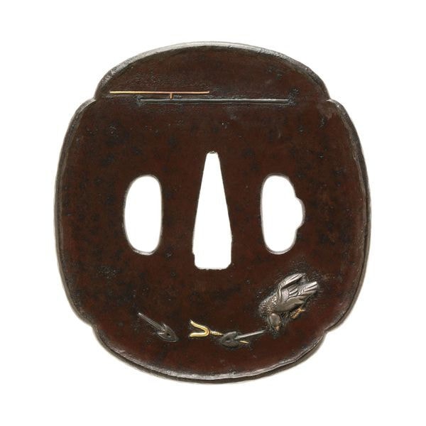 Tsuba - Tokuho - by Waki-Goto Mitsuhisa - Pigeon and Arrowheads Motif, Signed Goto Mitsuhisa (Kao)