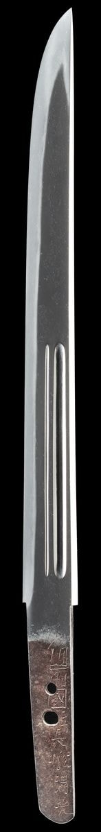 短刀 銘 備前国住長船清光 / 天正十二年八月日 黒蝋色塗鞘小さ刀拵 鷹に雀図縁頭 銘 石黒政美(花押) Tanto: Signed. Bizen no kuni ju Osafune KIYOMITSU / Tensho 12 nen 8 gatsujitsu Kuro ro-iro nuri saya, chisa-gatana koshirae, "Taka ni Suzume" designed Fuchigashira "Signed. Ishiguro Masayoshi (Kao)