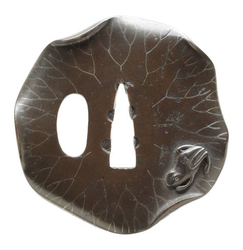 Tsuba - by Shoami School - Lotus Leaf with Frog Design, Mumei, Shoami Denbei School
