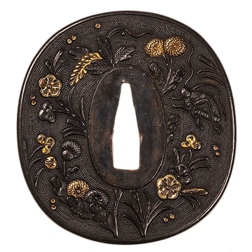 Tsuba - Tokuho - by Mino School - Mino Autumn Grass and Insect Design Tsuba Tokubetsu Hozon Tosogu
