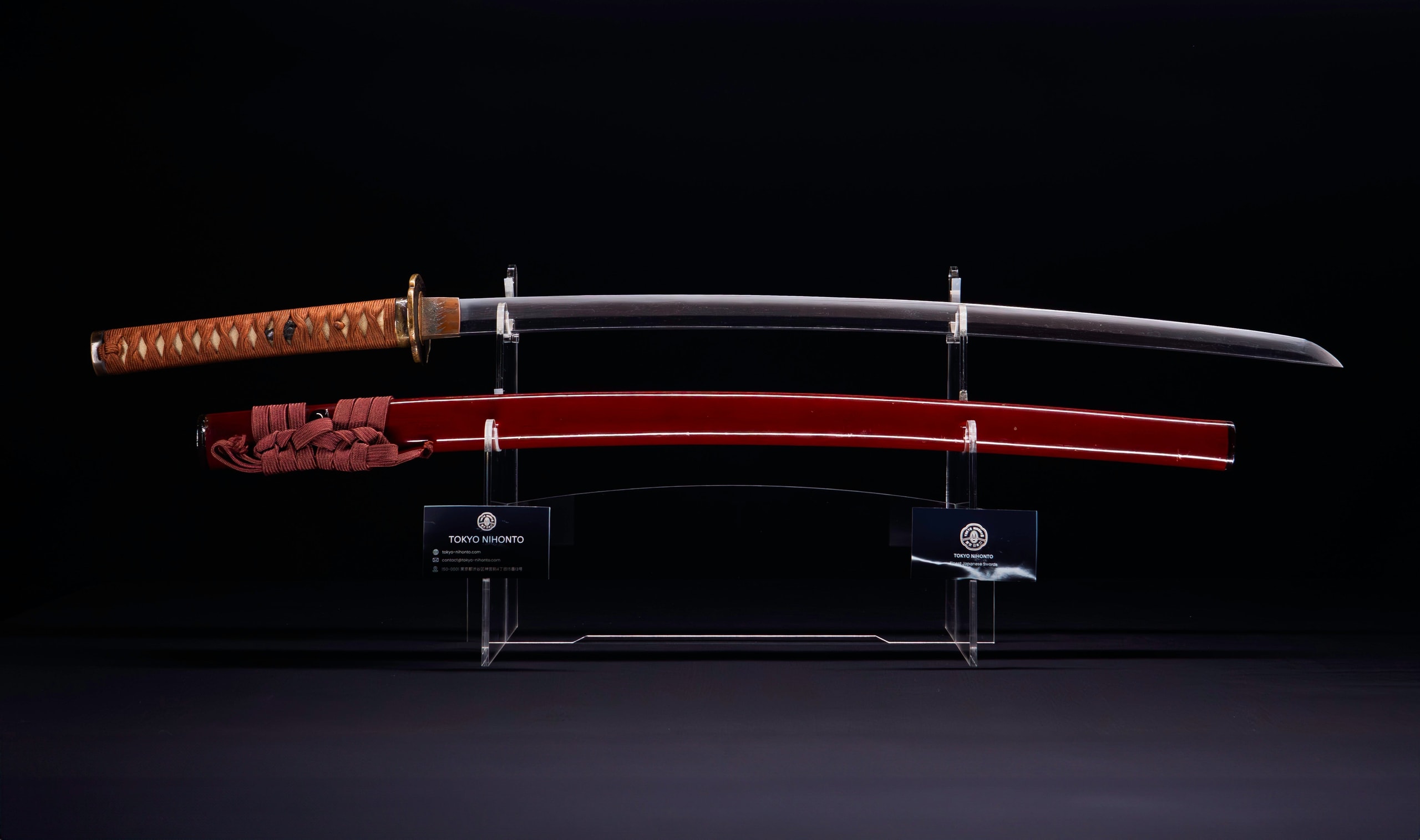 Katana - Antique Japanese Katana Sword with Red Saya and Gold Fukurin Momiji Tsuba