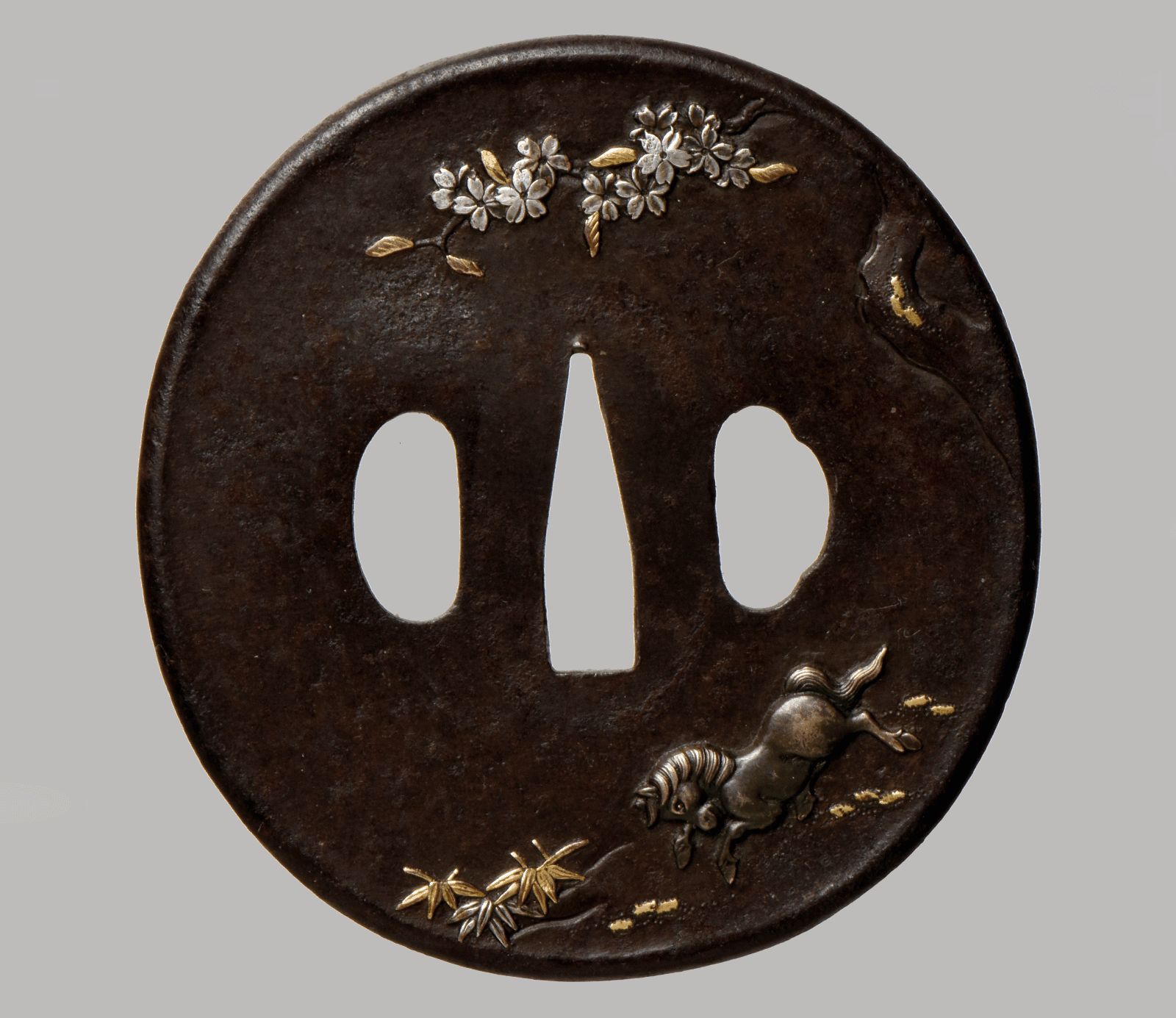Tsuba Aizu Shoami Horse Flowers Cherry Tree NBTHK Hozon