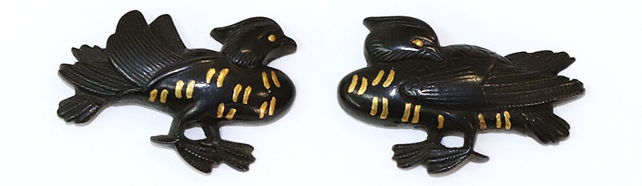 Menuki - by Goto Joshin - m-102 Menuki: Mandarin Duck Design, Shakudo-ji (Mumei Norizane Mitsumori Origami Included)
