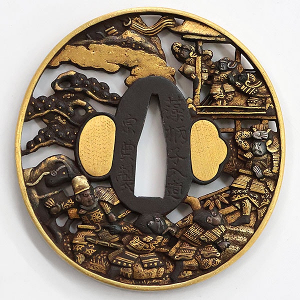 Tsuba - by Hikone Soten - Tsuba by Soheishi Nyudo Munenori of Goshu Hikone, Warrior Design, Iron with Gold Inlay and Gold Cover