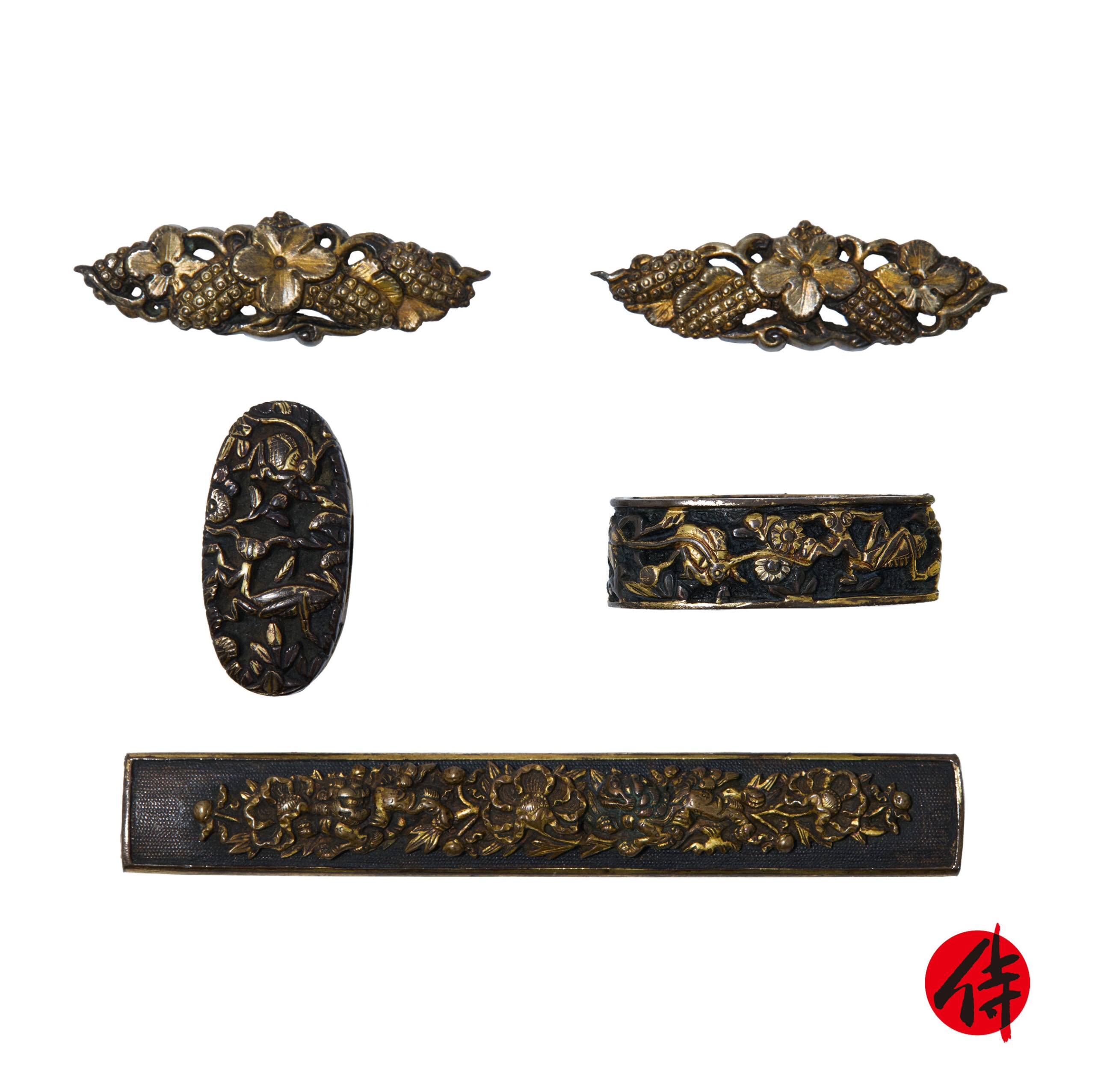 Fuchi-Kashira - A set of antique Menuki, Kozuka, and Fuchi-Kashira for Samurai Sword (MKF-01)