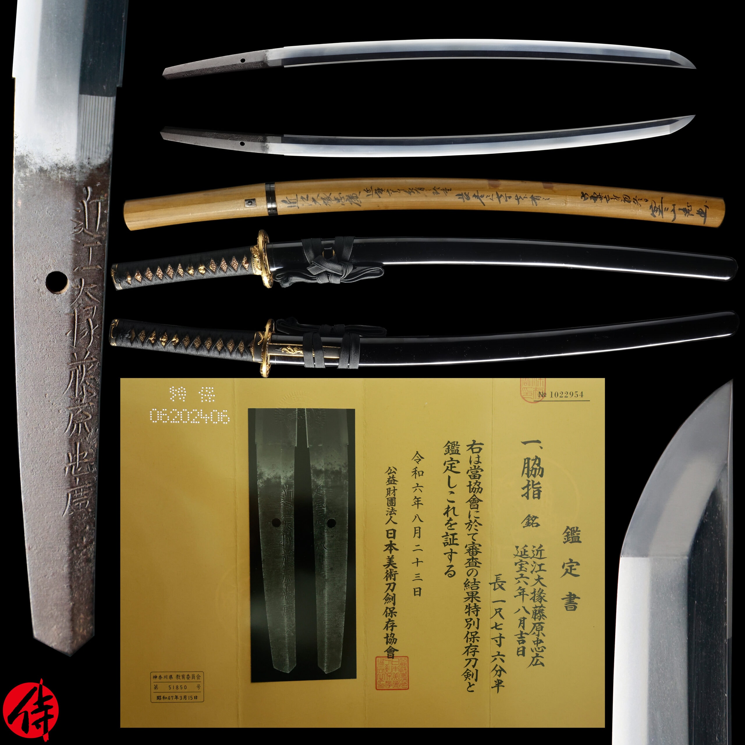 Antique Japanese Sword Wakizashi Signed by Omi Daijo Fujiwara Tadahiro NBTHK Tokubetsu Hozon Certificate