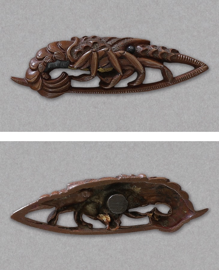 Menuki - Hozon - by Ishiguro School - Shrimp and Abalone Design