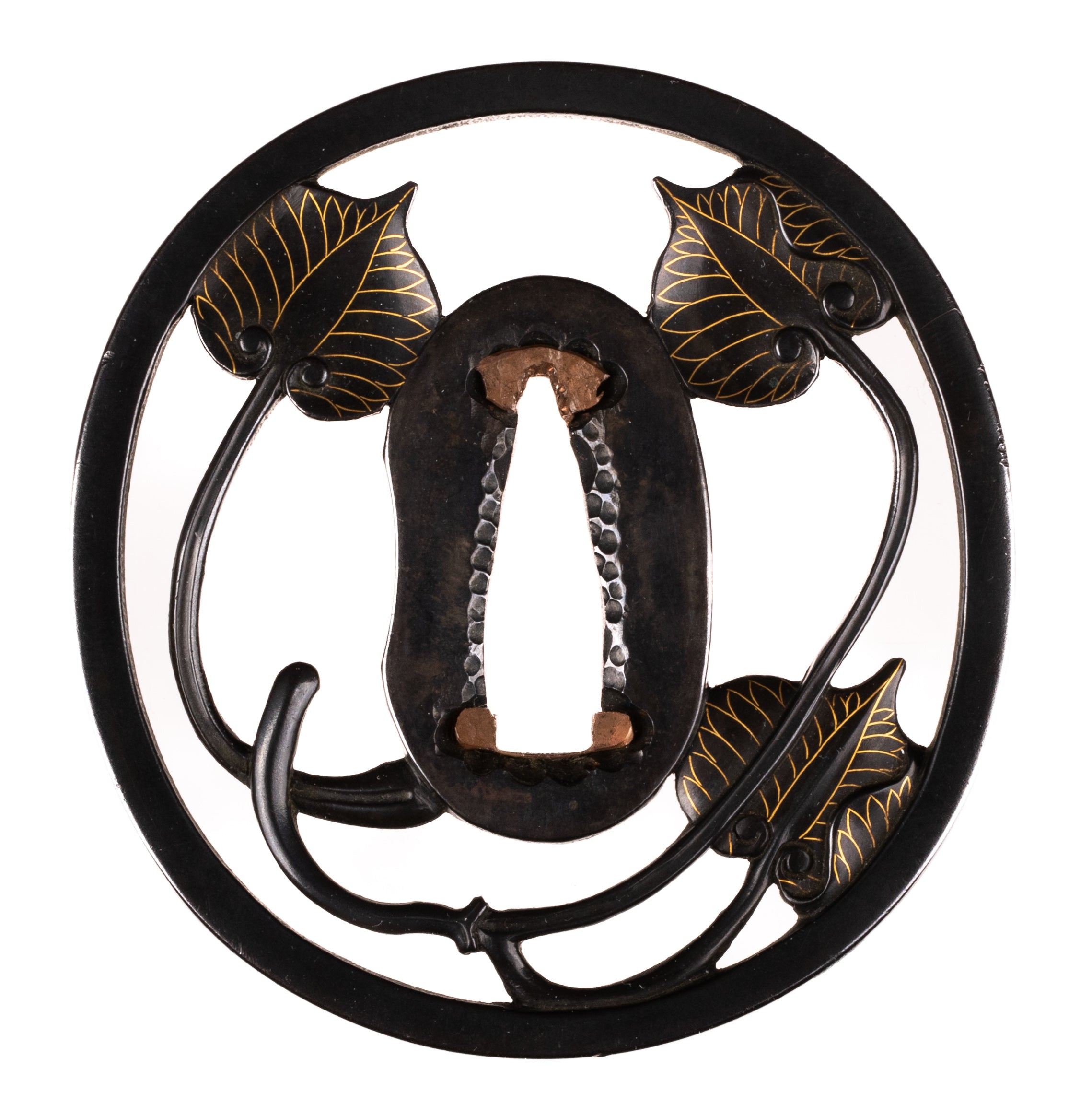 Polished shakudo sukashi tsuba by Akita Shoami school aoi leafs