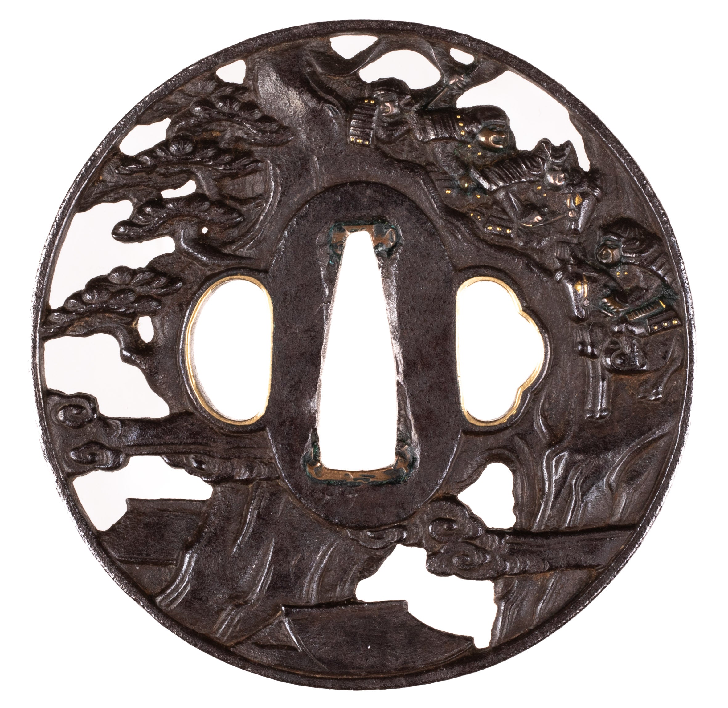 Iron Sukashi Hikone-bori Tsuba. Decorated With Ichi-No-Tani Battle. Minamoto No Yoshitsune