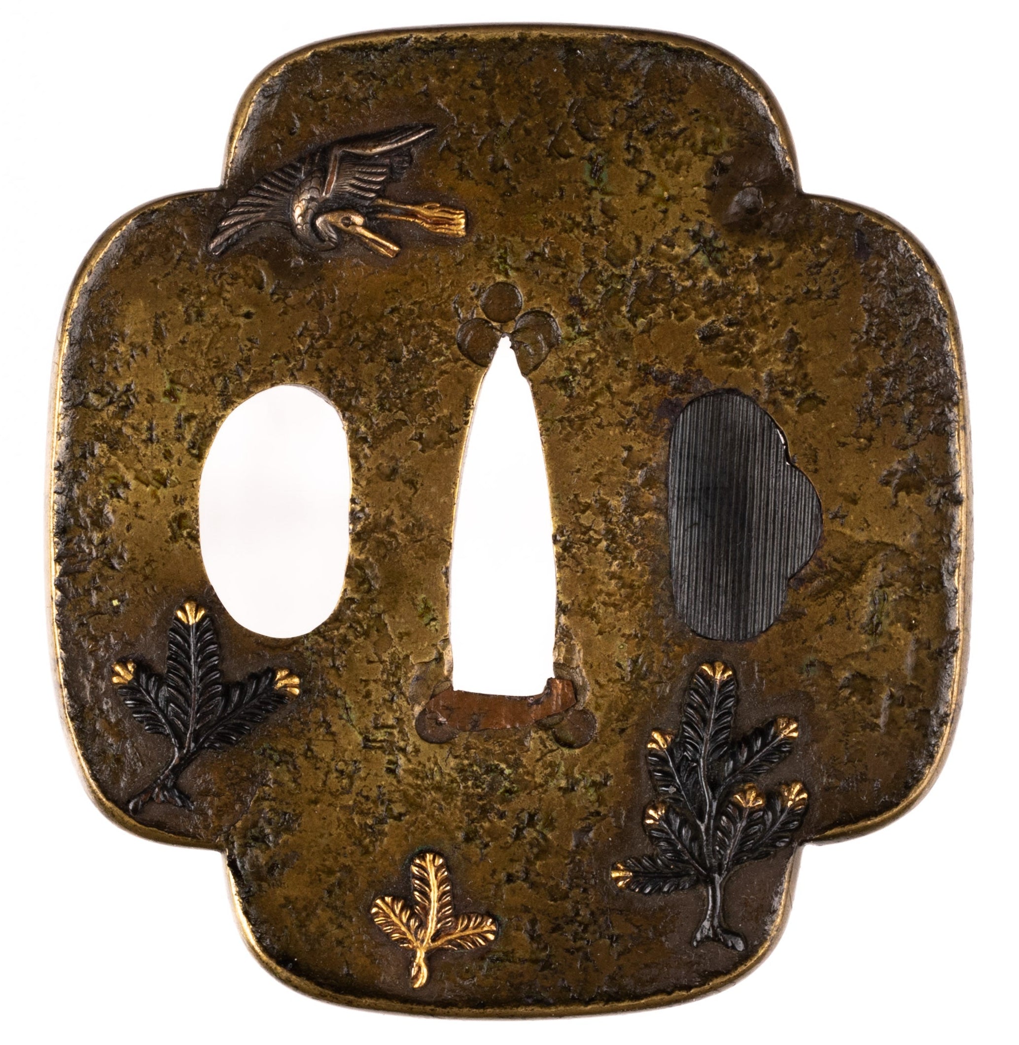 Shinchu Tsuchime-ji Mito School Tsuba with NBTHK Hozon Tosogu, Dancing Cranes and Pine Sprouts