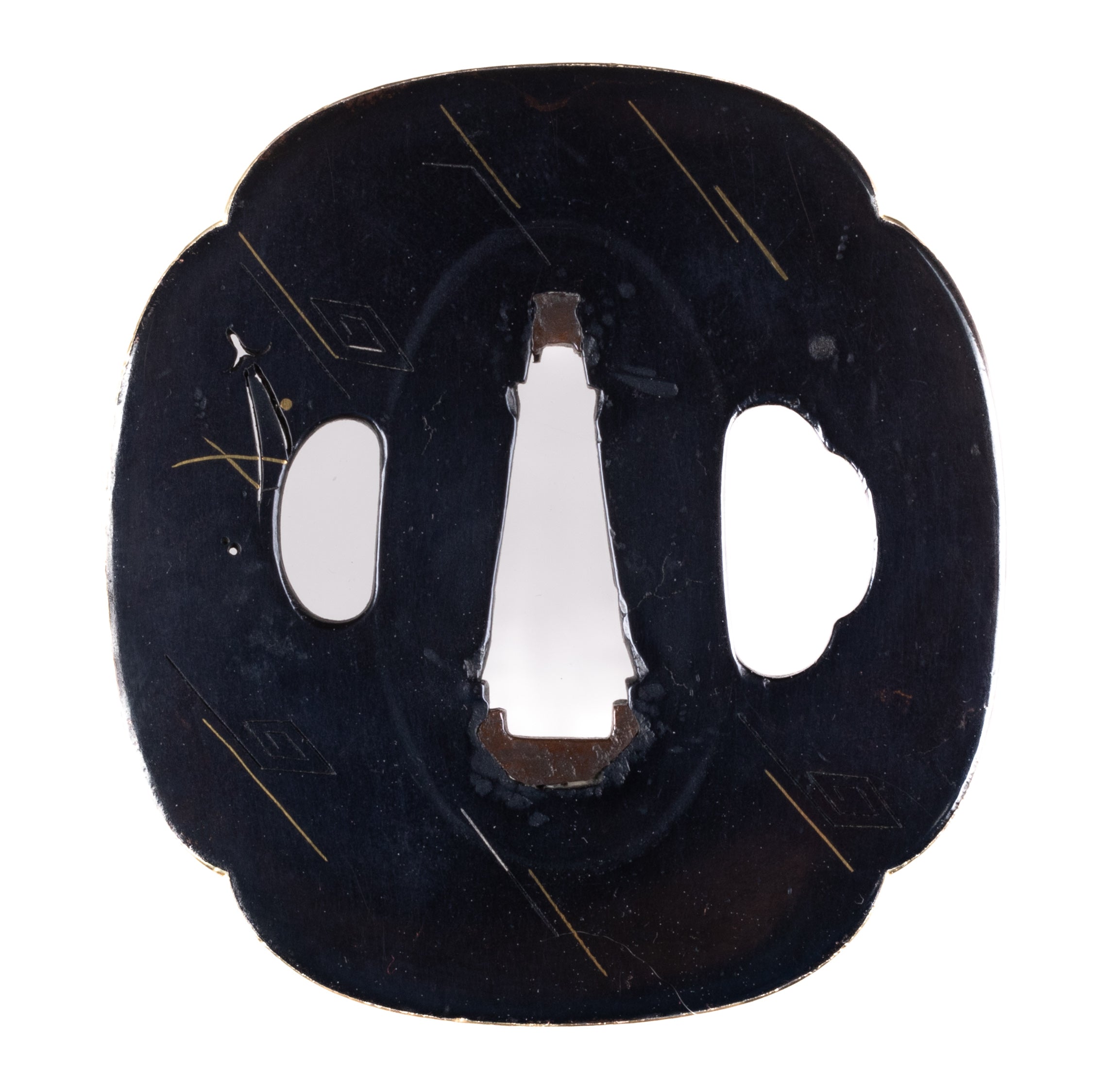 Polished shakudo Bushu School tsuba rain thunder and pine needles