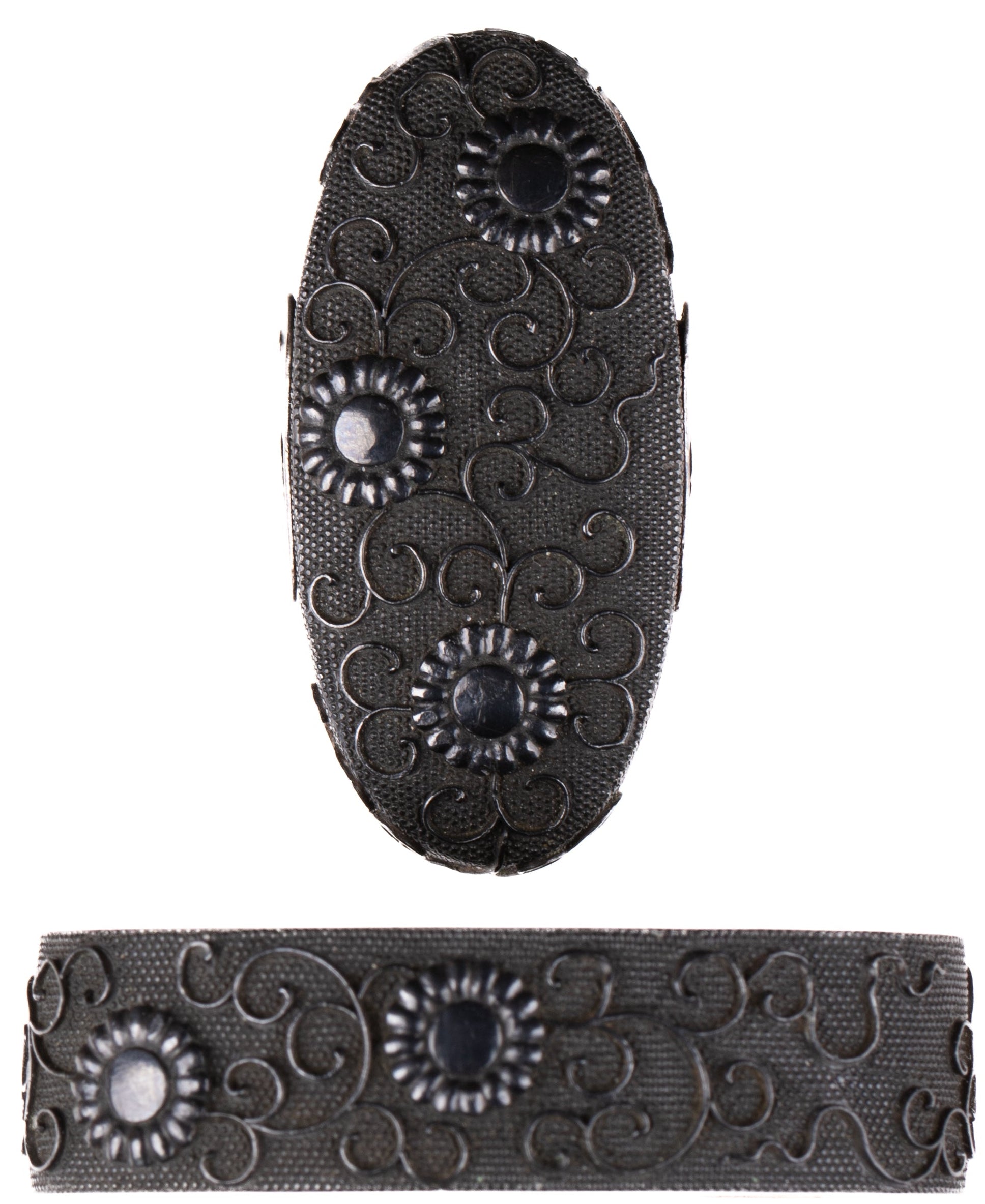 Fuchi-Kashira - Hozon - Shakudo nanako Owari Kinko Fuchikashira with NBTHK Hozon Tosogu - Chrysanthemums and Karakusa
