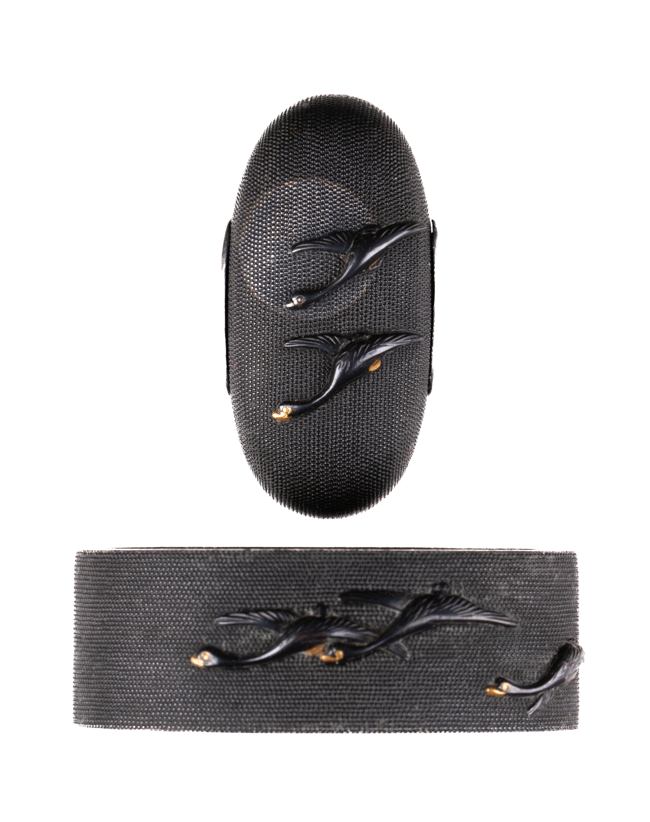 Fuchi-Kashira - Tokuho - by Yabu Tsuneyuki - Shakudo Nanako Fuchi Kashira signed Yabu Tsuneyuki with Tokubetsu Hozon Tosogu - Geese and Moon