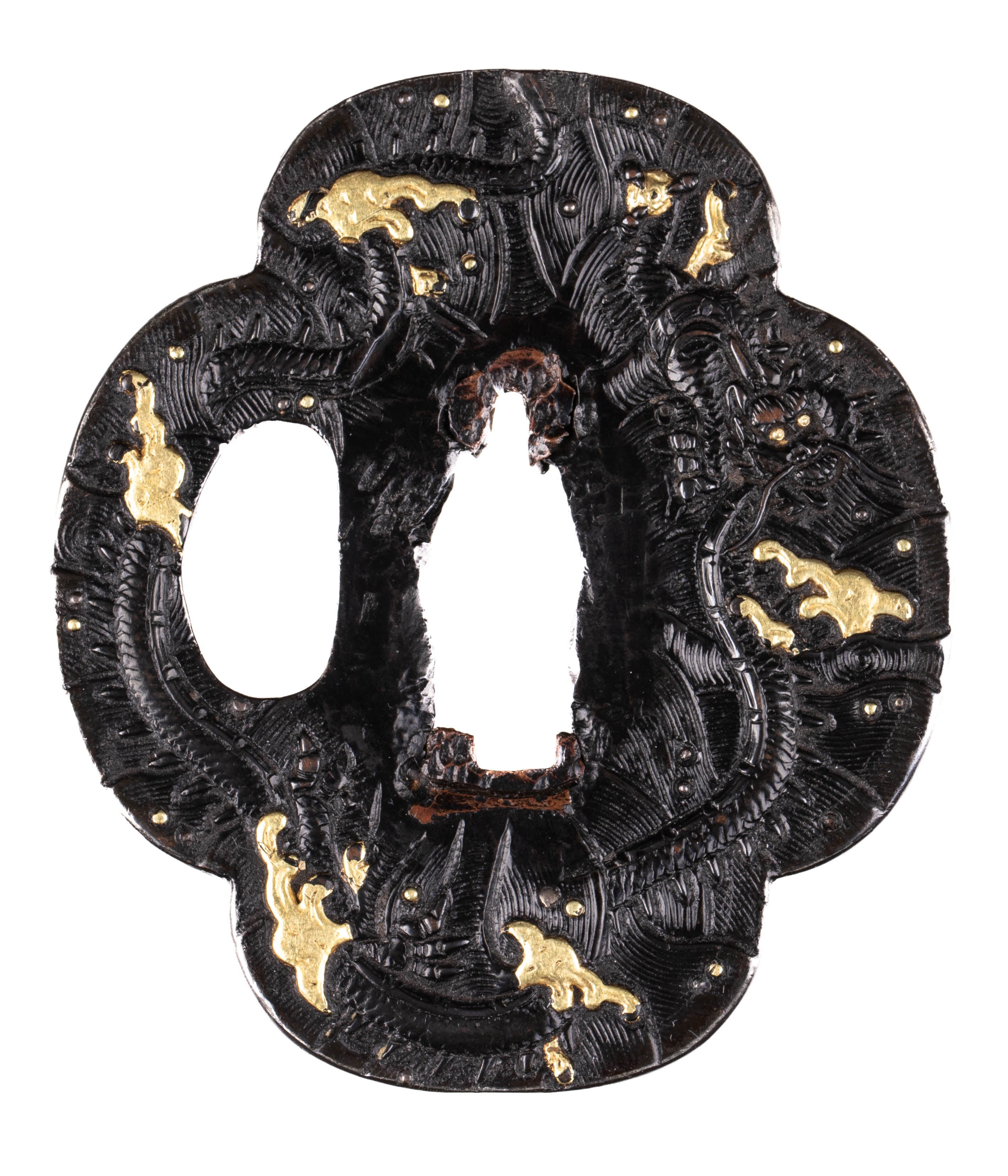 Shakudo Ko-Kinko tsuba with Tokubetsu Hozon Tosogu. Dragon