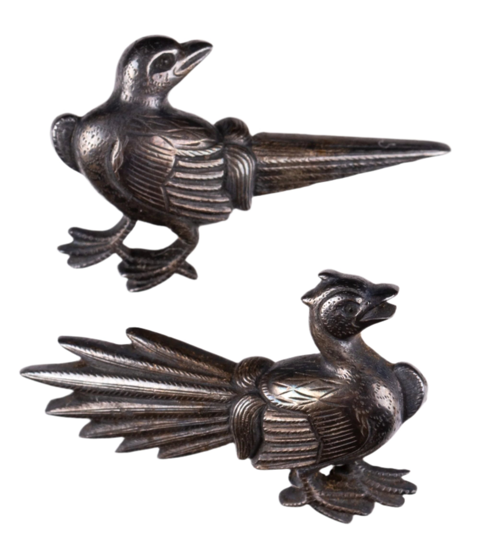 Solid Silver Goto School Pheasants Menuki with NBTHK Hozon Tosogu