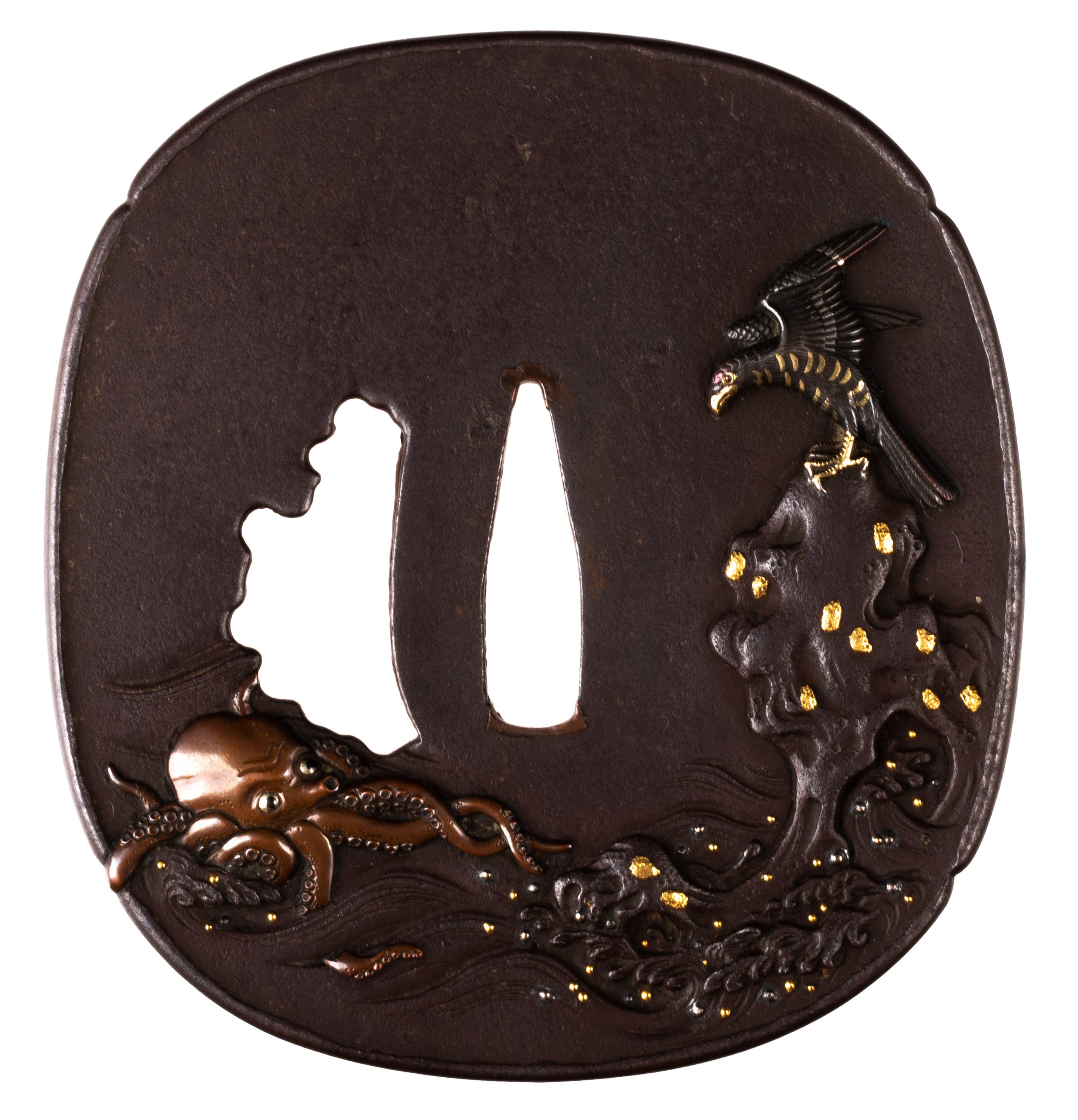 Iron Mito School tsuba with NBTHK Hozon Tosogu. Bird of prey and octopus