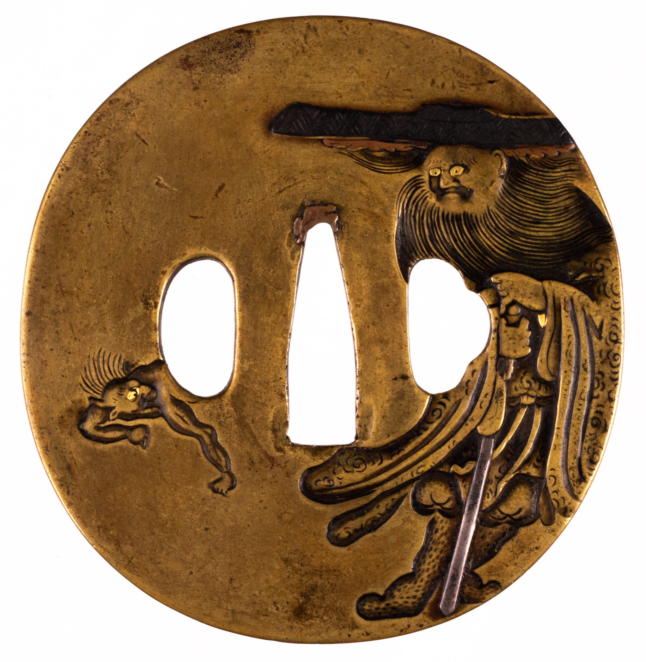 Brass tsuba signed Yoshinobu with Kao with NBTHK Hozon Tosogu Shoki and demon