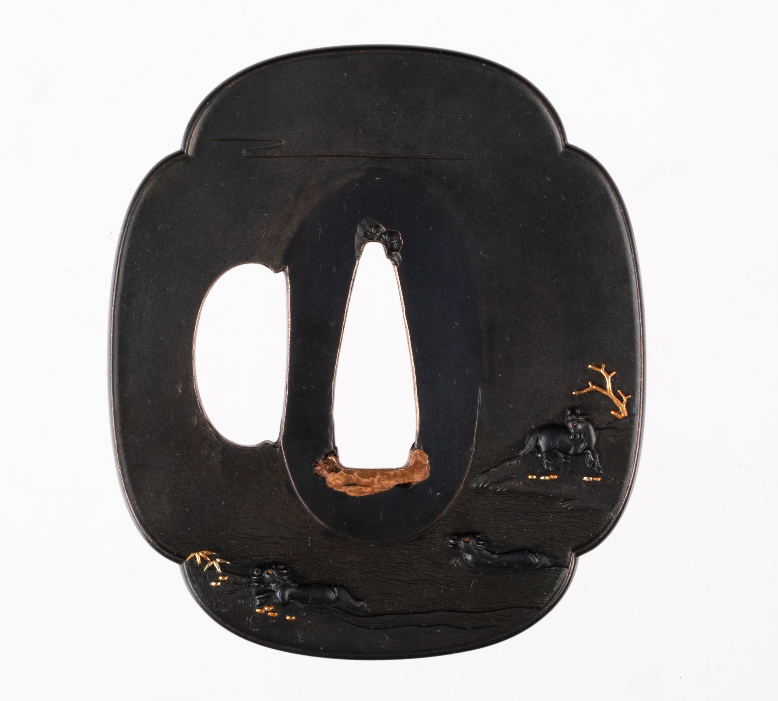 Shakudo tsuba with NBTHK Hozon Tosogu, Hamano School, horses crossing the river