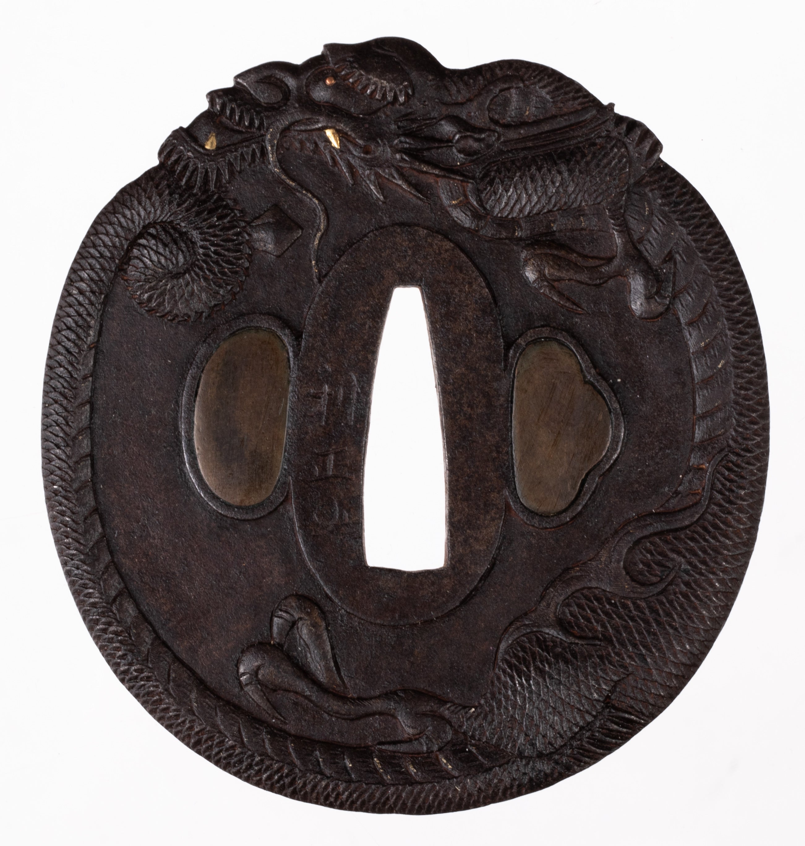 Iron tsuba signed Toshimasa with Kao, with NBTHK Hozon Tosogu. Dragon