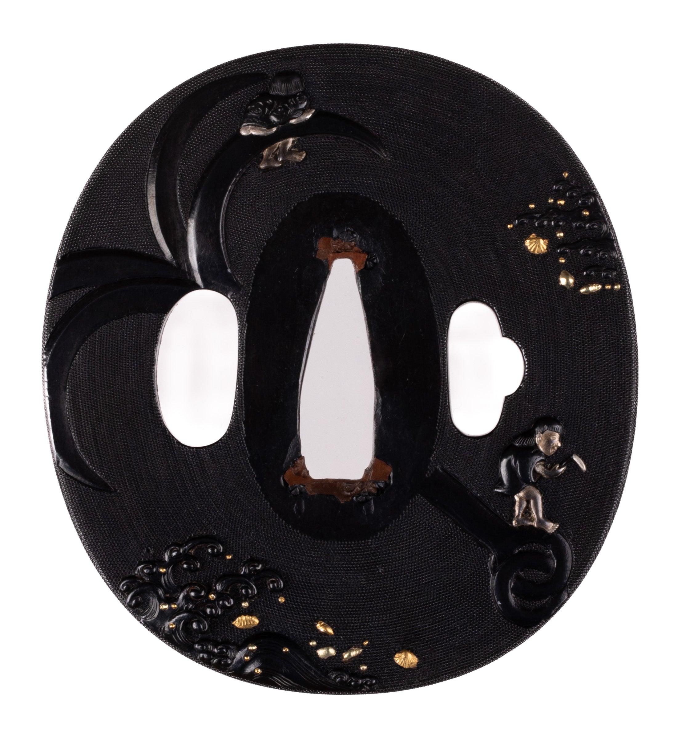 Shakudo Nanako Shokatei School Tsuba with NBTHK Hozon Tosogu Child on Anchor