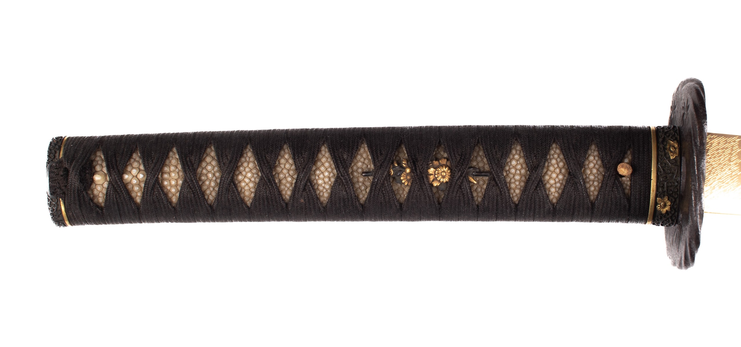 Katana koshirae with shakudo karakusa fuchikashira and flowers menuki