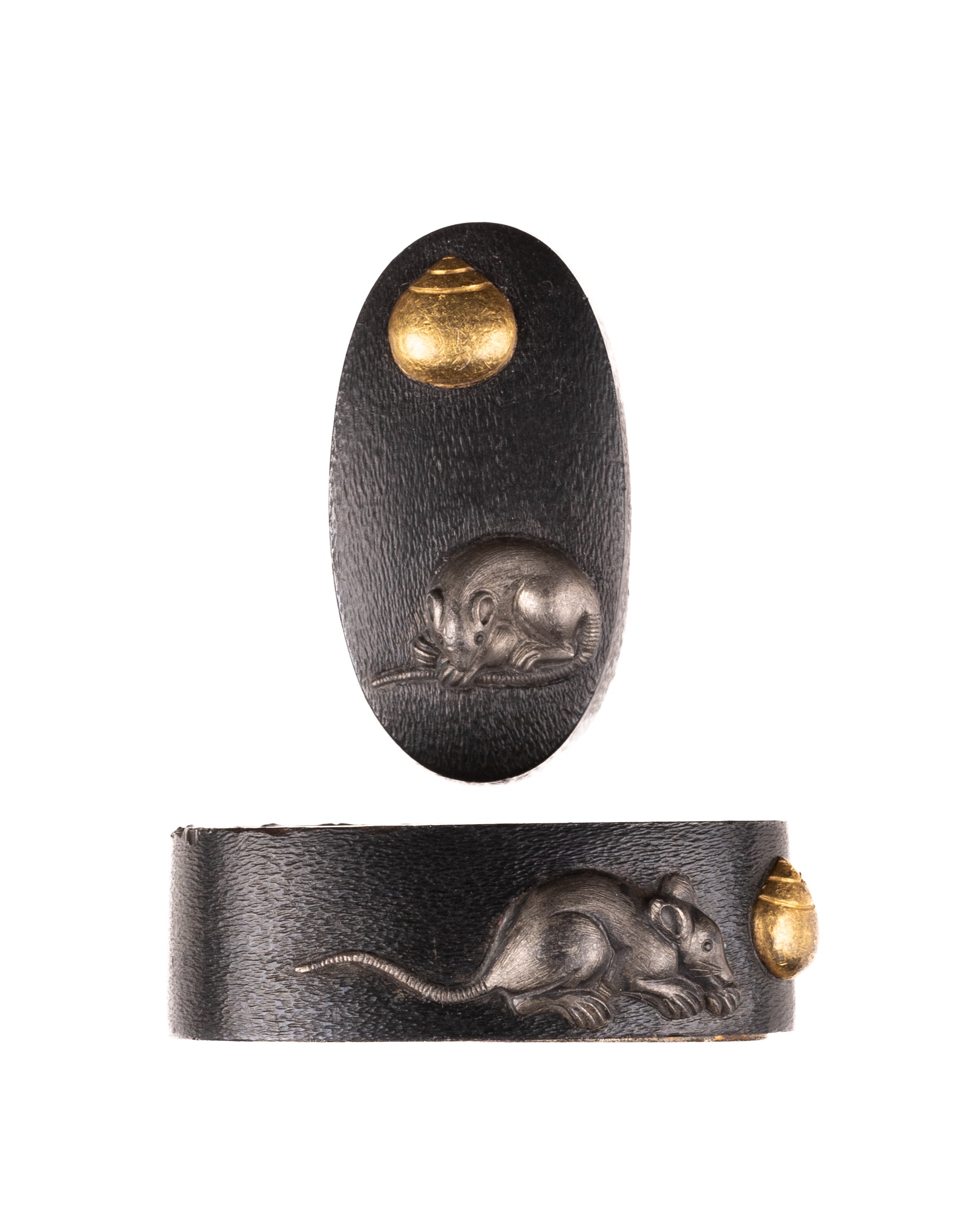 Shakudo fuchikashira decorated with mouse/rat and Hoju, a Sacred Jewel
