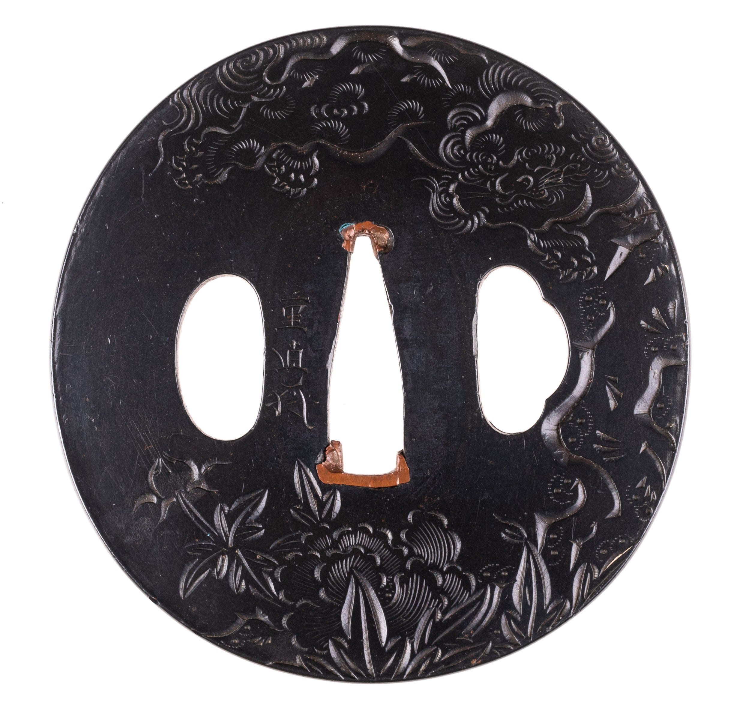 Shakudo tsuba signed "Shigeyoshi" decorated with Shishi and Peony