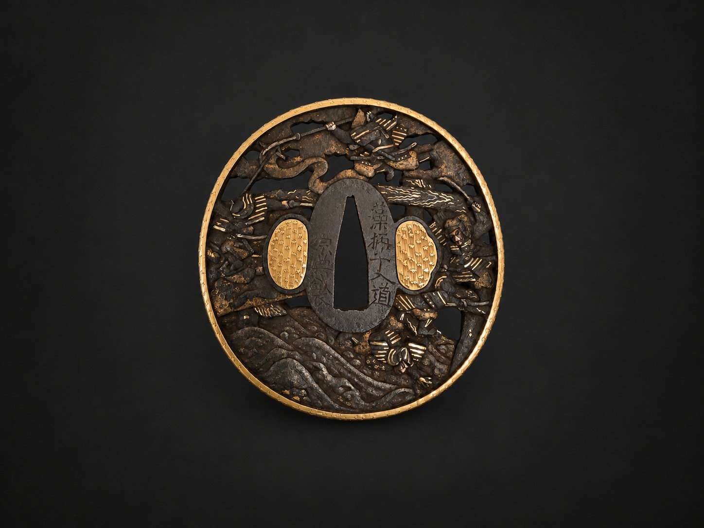 Tsuba - by Hikone School - Sōten Iron Tsuba – Samurai Battle & Gilt Fukurin