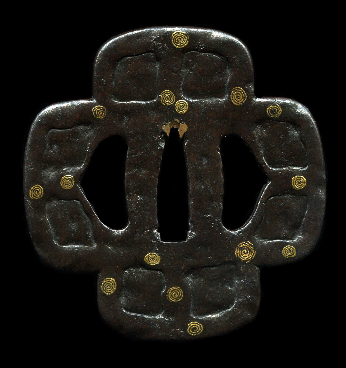 Beautiful early Jingo tsuba with iron that looks like melted chocolate. Early Jingo are very precious as they show the quality expected from early Higo masters. NBTHK to Jingo (First)