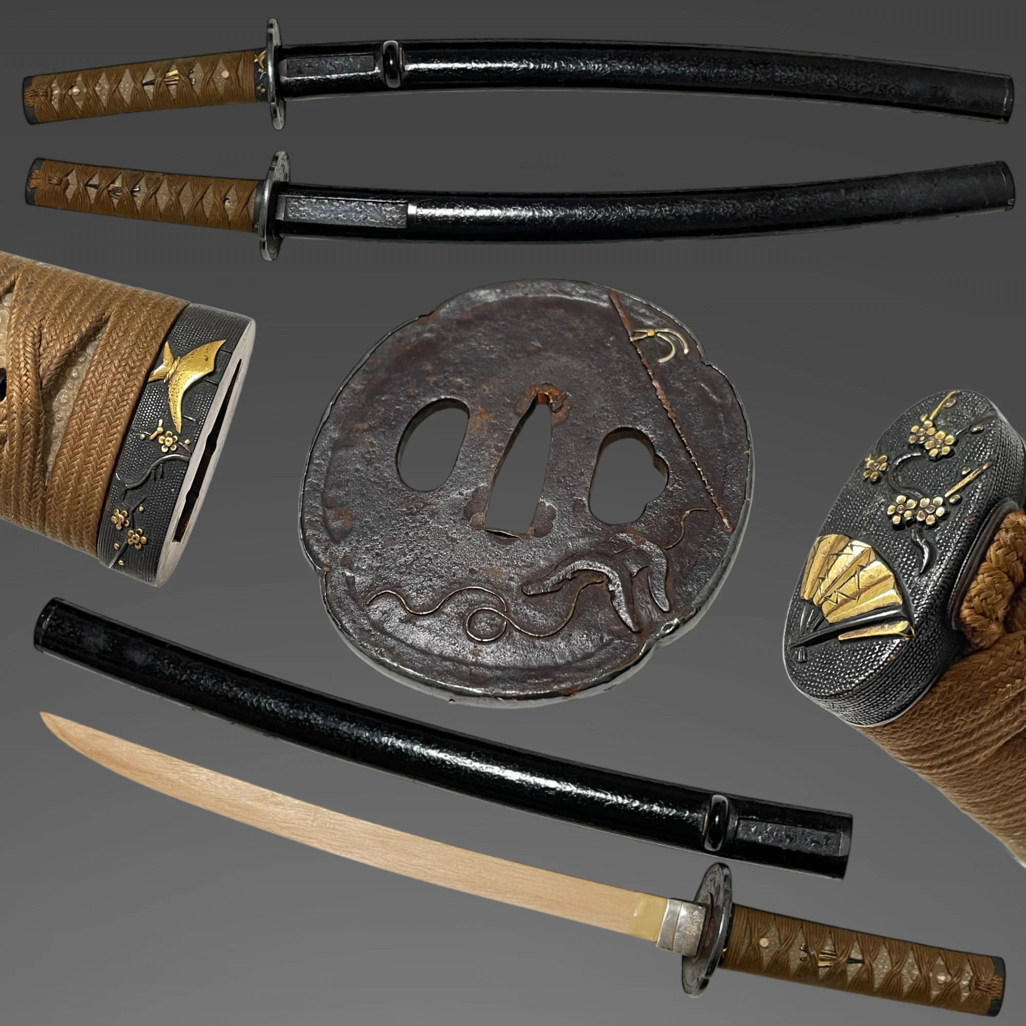 Antique Koshirae for wakizashi Bagu Tsuba Plum FuchiKashira Edo period