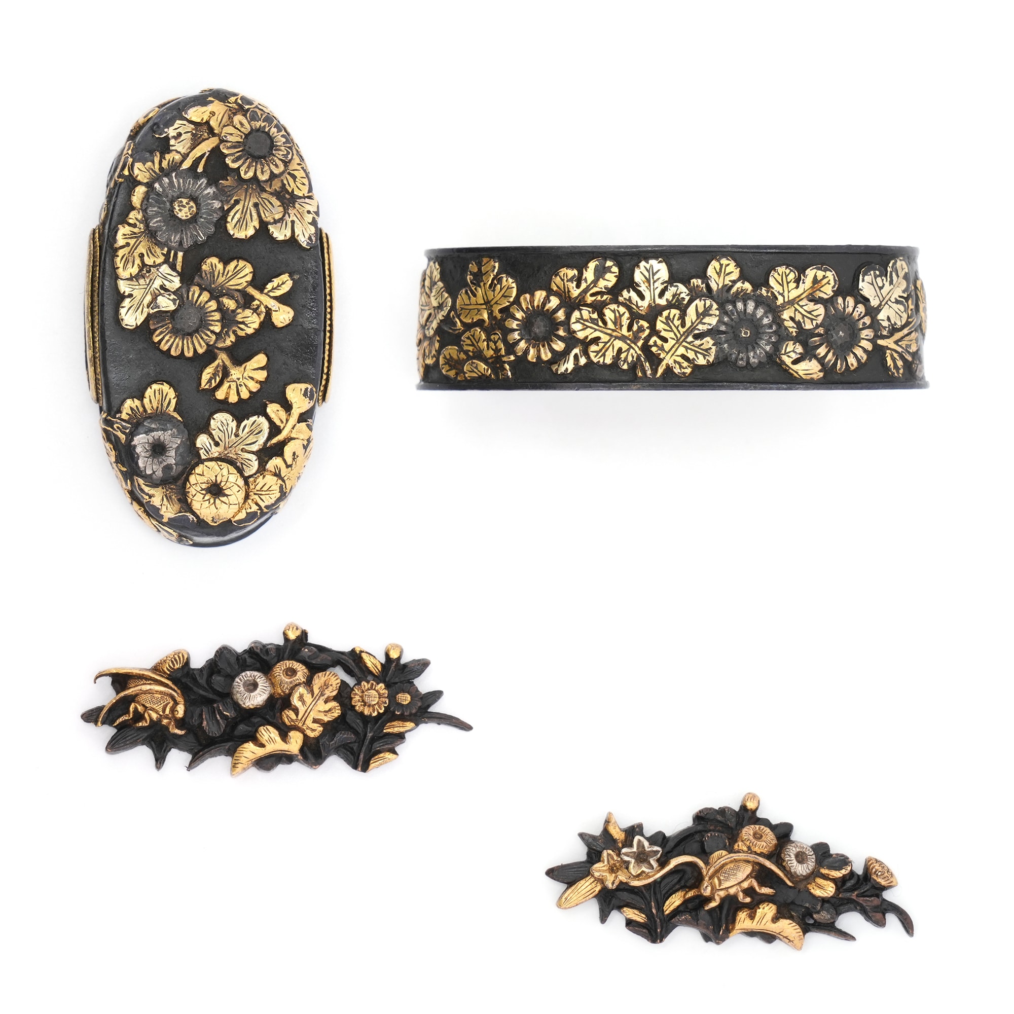 Fuchi-Kashira - Hozon - by Mino School - Autumn Grass Design Menuki Fuchi-Kashira - Mumei (Later Mino School)