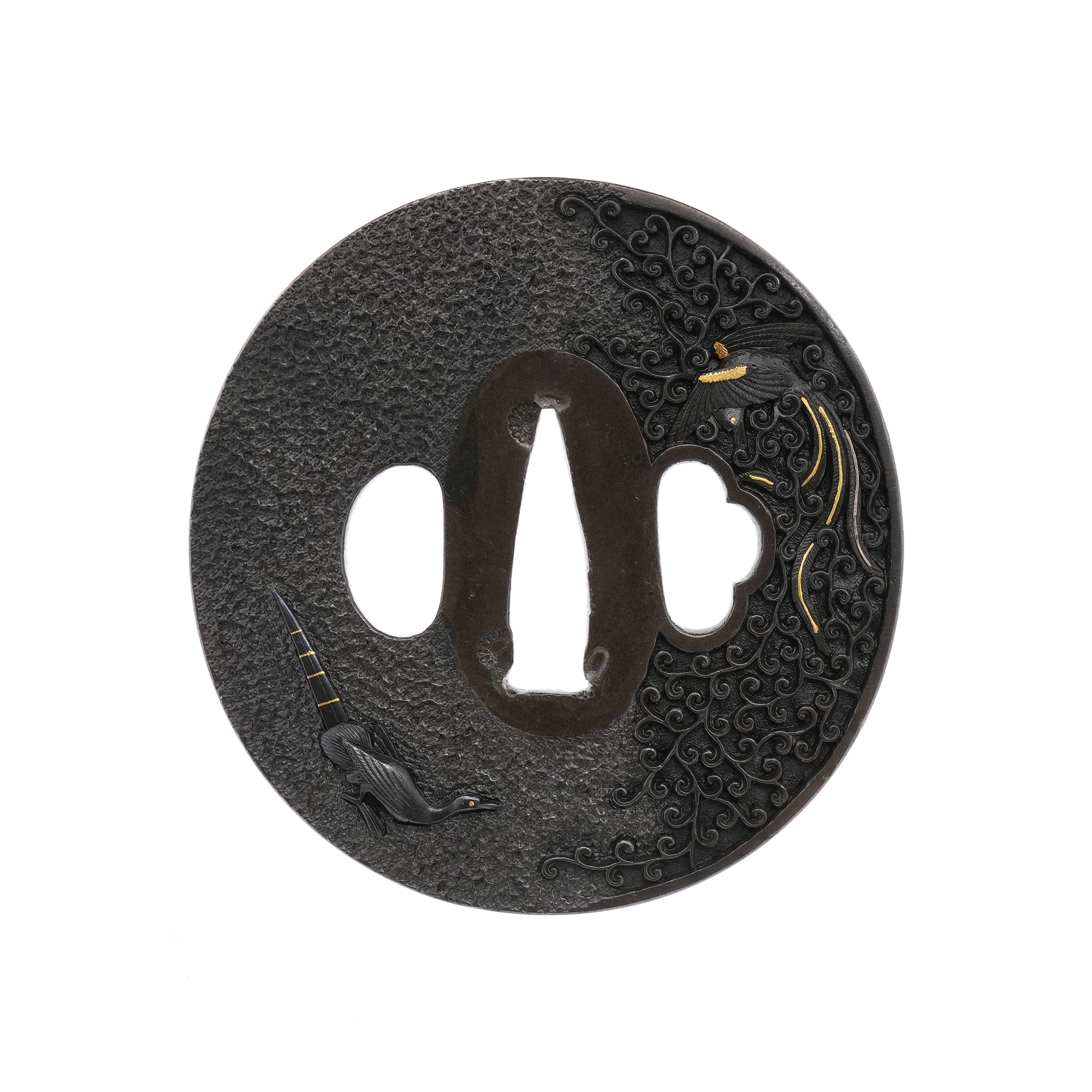 Tsuba - Tokubetsu Kichō - by Nomura School - Tsuba with Pheasant and Phoenix Design, Mumei (Nomura School) - 12-1511