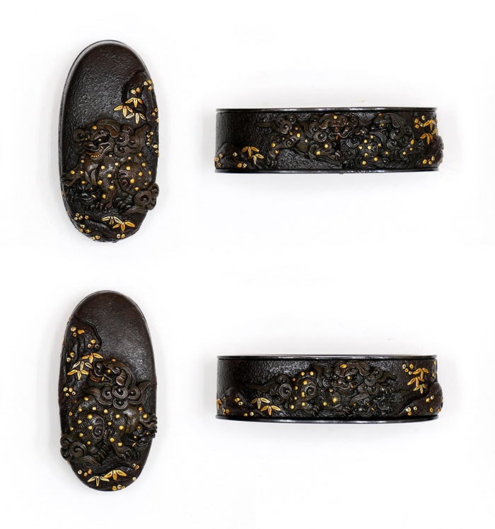 Fuchi-Kashira - Tokuho - by Tetsugendo School - Daisho Fuchi-Kashira: Lions, Mumei (Tetsugendo School)