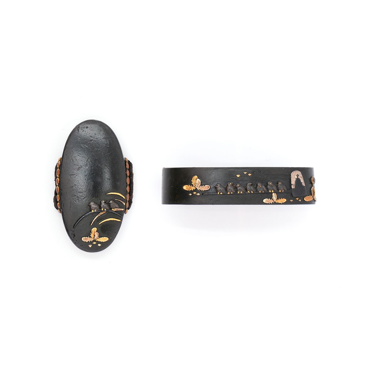 Fuchi-Kashira - by Ito Masatoshi - Fuchi-Kashira with Hoe and Sparrow Design by Masatoshi (Seiju)